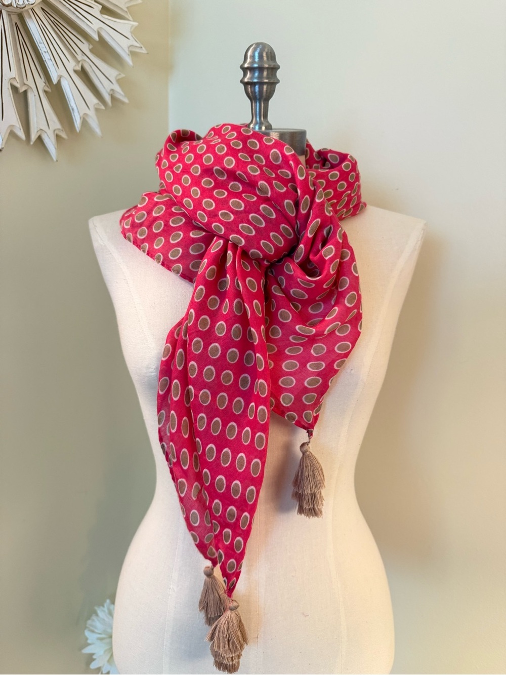 Anna & Ava Pink Polka Dot Tassel Scarf 46” x 46”